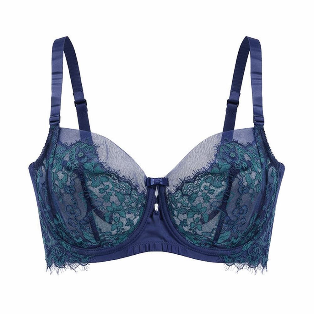 Wacoal Lace Underwire Bra 32D Blue Green Sheer Floral Lingerie Sexy Fit